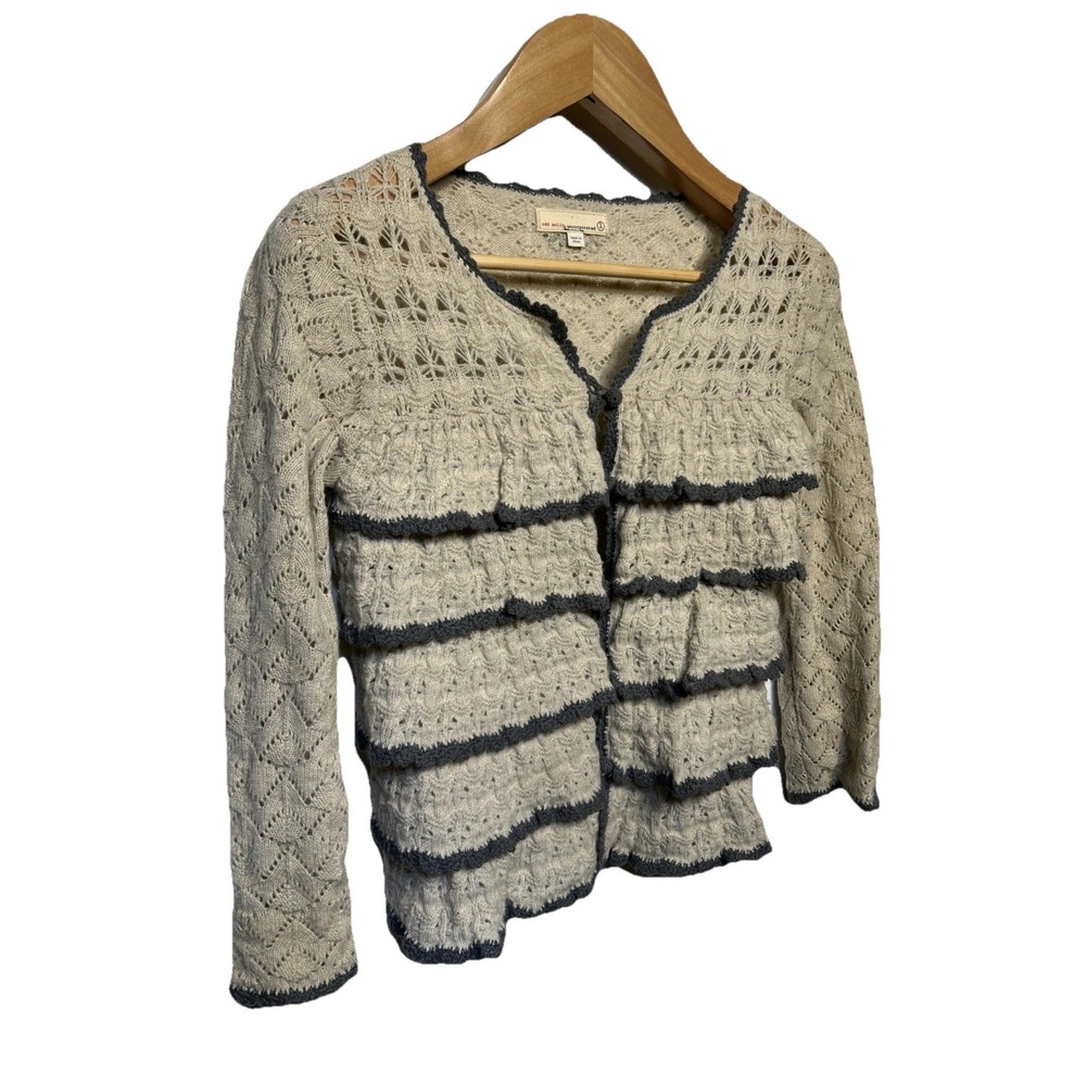 Odd Molly Wool Open Knit Crochet Cardigan Light Beige Gray Size S